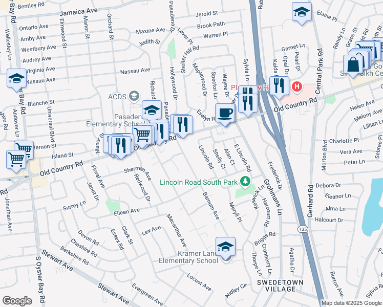 map of restaurants, bars, coffee shops, grocery stores, and more near 80 Barnum Avenue in Plainview