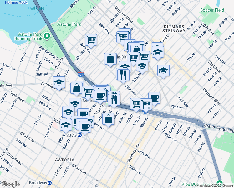 map of restaurants, bars, coffee shops, grocery stores, and more near 24-41 31st Street in Queens