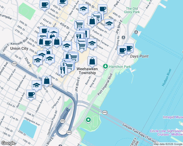 map of restaurants, bars, coffee shops, grocery stores, and more near 724 J F Kennedy Boulevard East in Weehawken