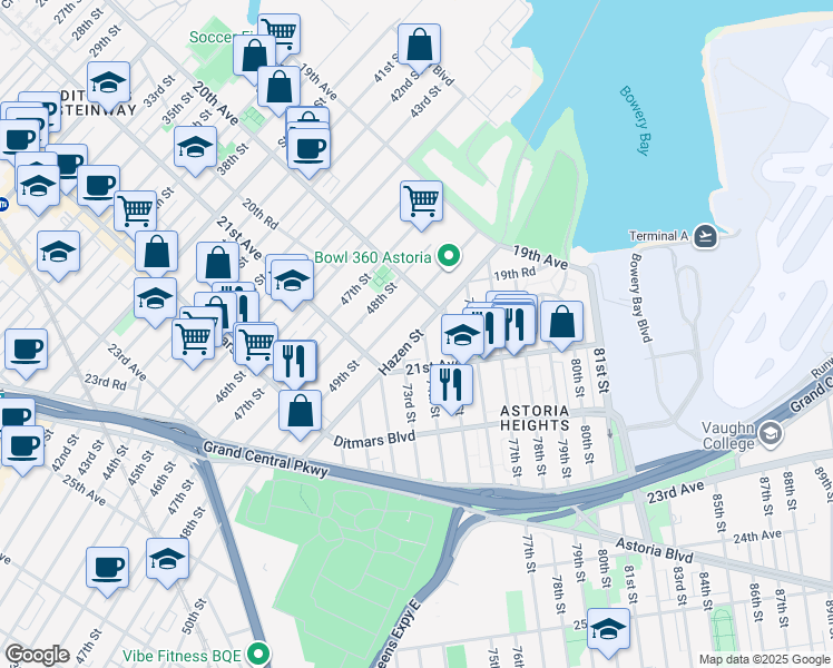 map of restaurants, bars, coffee shops, grocery stores, and more near Hazen Street in New York
