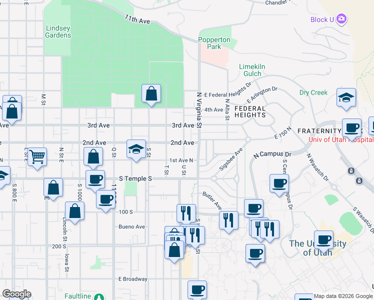 map of restaurants, bars, coffee shops, grocery stores, and more near 84 U Street in Salt Lake City