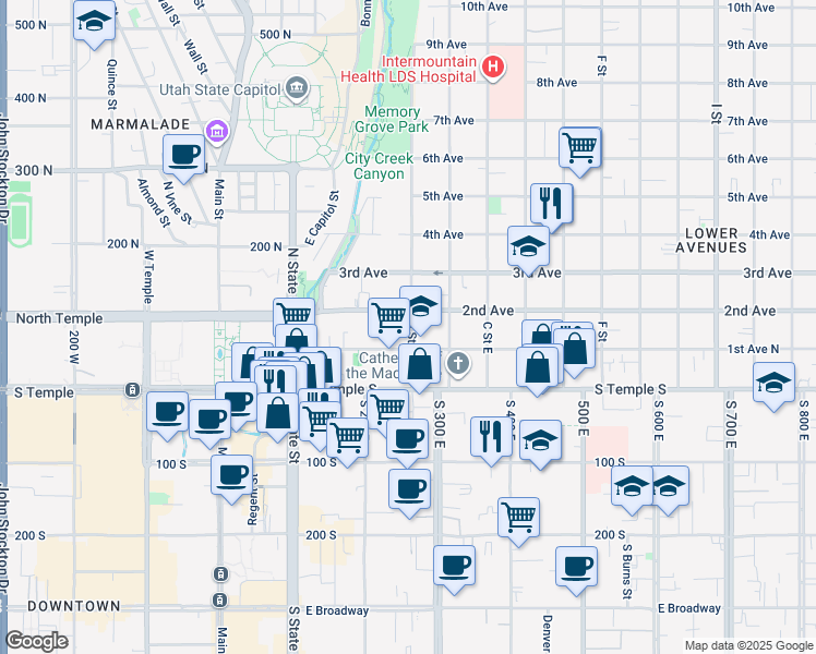 map of restaurants, bars, coffee shops, grocery stores, and more near 87 A Street East in Salt Lake City