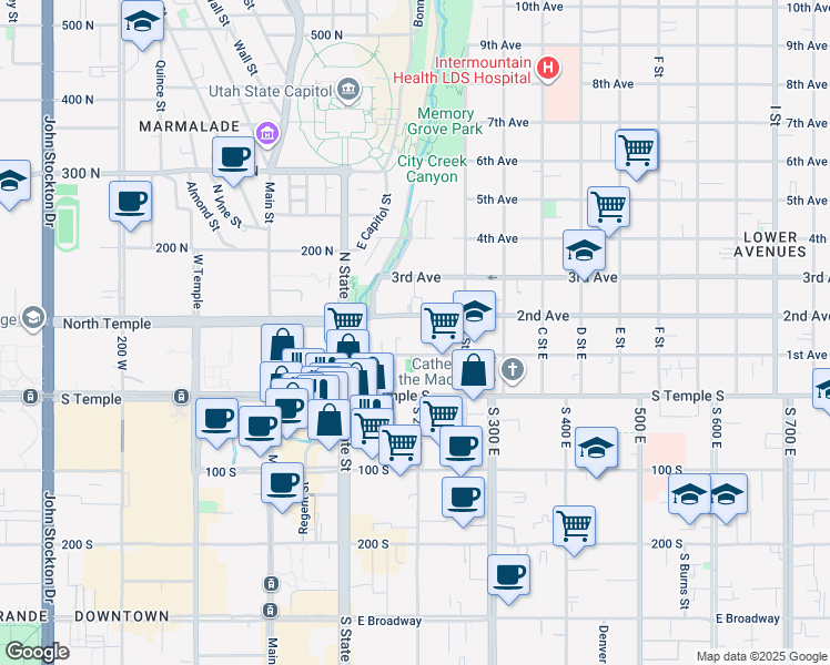 map of restaurants, bars, coffee shops, grocery stores, and more near 146 2nd Avenue in Salt Lake City