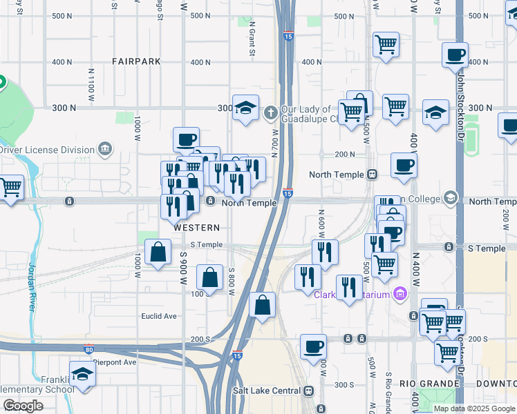 map of restaurants, bars, coffee shops, grocery stores, and more near 755 W North Temple in Salt Lake City