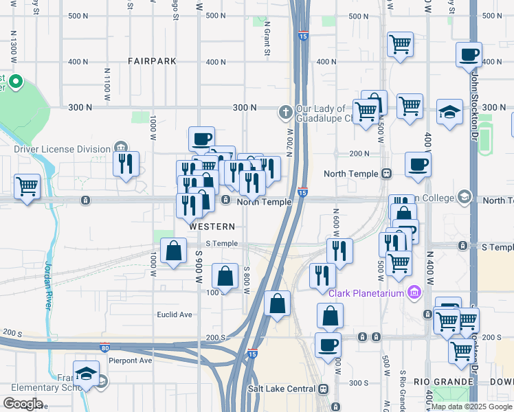 map of restaurants, bars, coffee shops, grocery stores, and more near 770 West North Temple in Salt Lake City