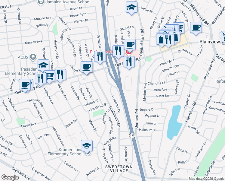 map of restaurants, bars, coffee shops, grocery stores, and more near 50 West Lane Drive in Plainview