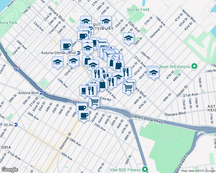 map of restaurants, bars, coffee shops, grocery stores, and more near 22-70 Steinway Street in Queens