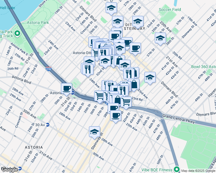 map of restaurants, bars, coffee shops, grocery stores, and more near 23-67 35th Street in Queens