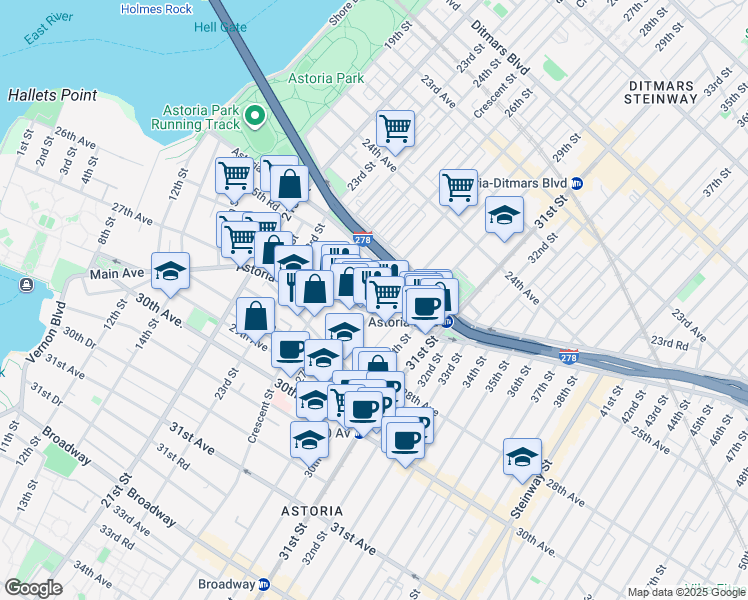 map of restaurants, bars, coffee shops, grocery stores, and more near 26-14 25th Road in Queens