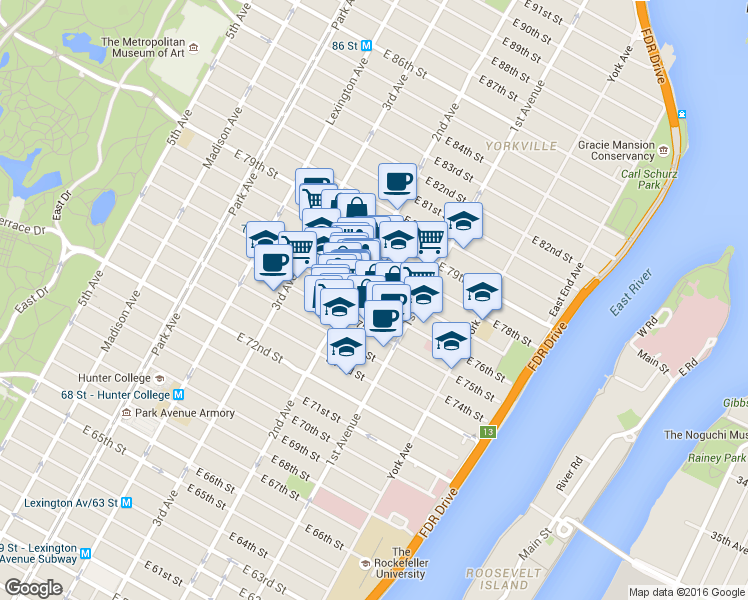 map of restaurants, bars, coffee shops, grocery stores, and more near 1460 2nd Avenue in New York