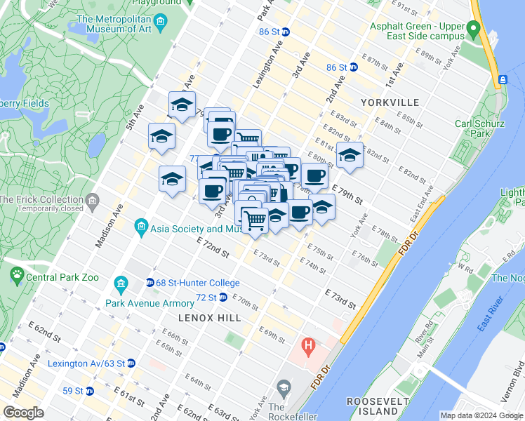 map of restaurants, bars, coffee shops, grocery stores, and more near in New York