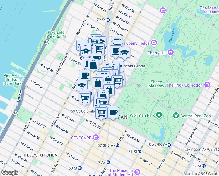 map of restaurants, bars, coffee shops, grocery stores, and more near 22 West 64th Street in New York