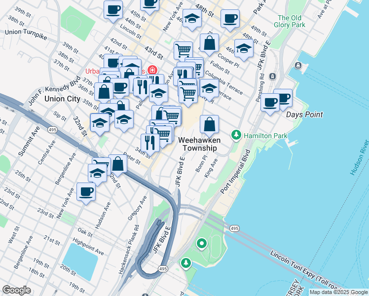 map of restaurants, bars, coffee shops, grocery stores, and more near 65 Highwood Terrace in Weehawken