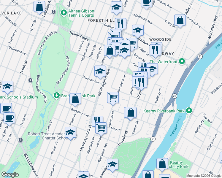 map of restaurants, bars, coffee shops, grocery stores, and more near 173 Delavan Avenue in Newark