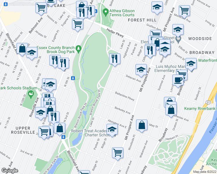 map of restaurants, bars, coffee shops, grocery stores, and more near 257-259 Ballantine Parkway in Newark