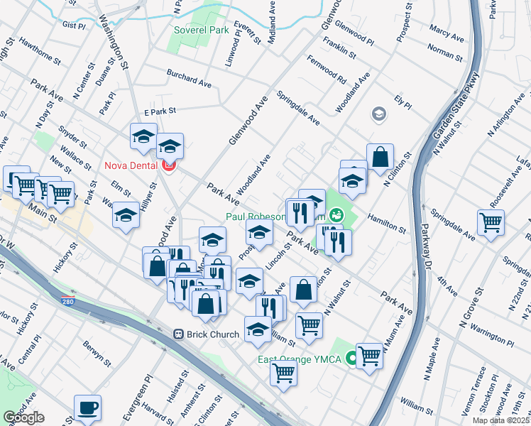 map of restaurants, bars, coffee shops, grocery stores, and more near 540 Park Avenue in East Orange