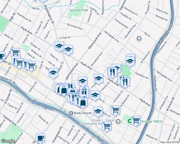 map of restaurants, bars, coffee shops, grocery stores, and more near in East Orange