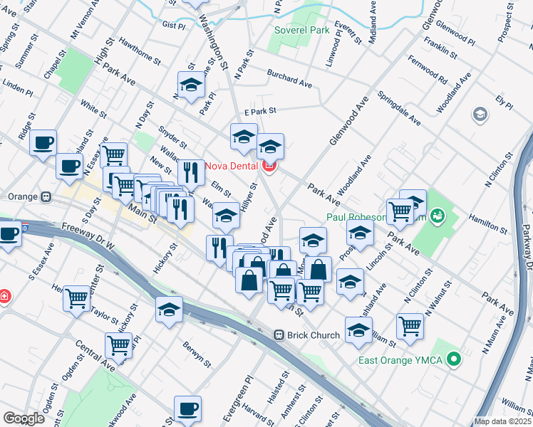 map of restaurants, bars, coffee shops, grocery stores, and more near 65 Washington Street in East Orange