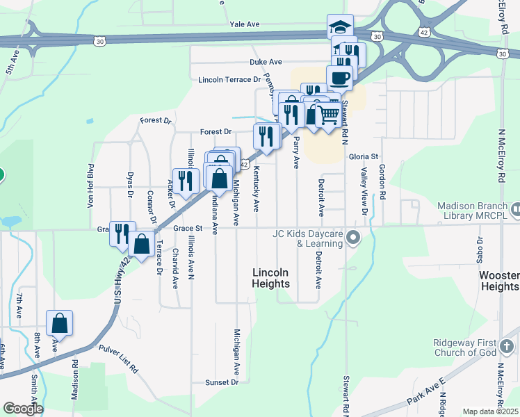 map of restaurants, bars, coffee shops, grocery stores, and more near 485 Kentucky Avenue in Mansfield
