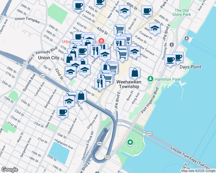 map of restaurants, bars, coffee shops, grocery stores, and more near 3508 Park Avenue in Weehawken