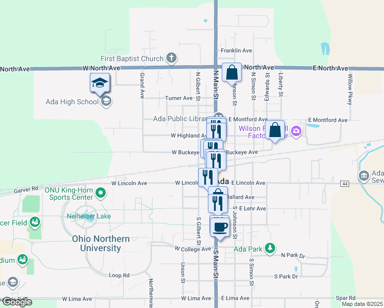 map of restaurants, bars, coffee shops, grocery stores, and more near 124 West Buckeye Avenue in Ada