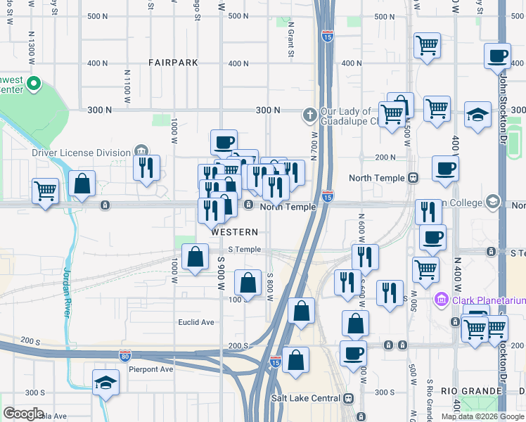 map of restaurants, bars, coffee shops, grocery stores, and more near 805 West North Temple Street in Salt Lake City