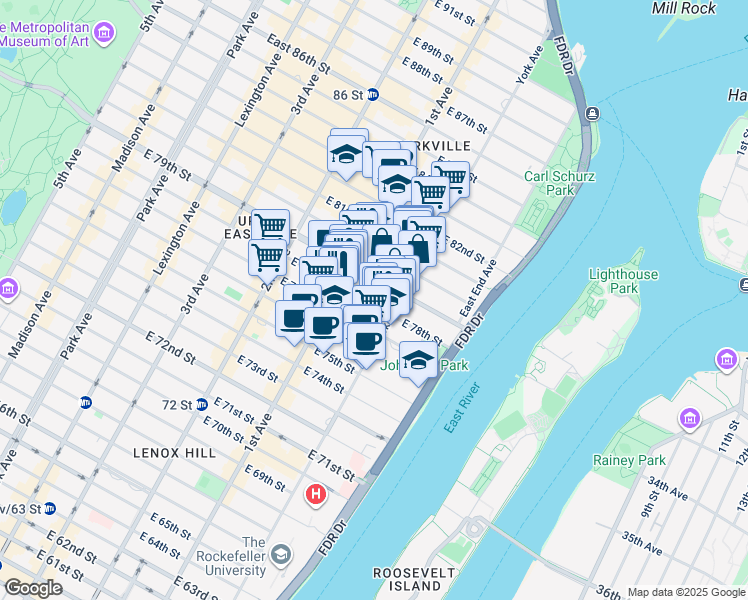 map of restaurants, bars, coffee shops, grocery stores, and more near 425 East 78th Street in New York