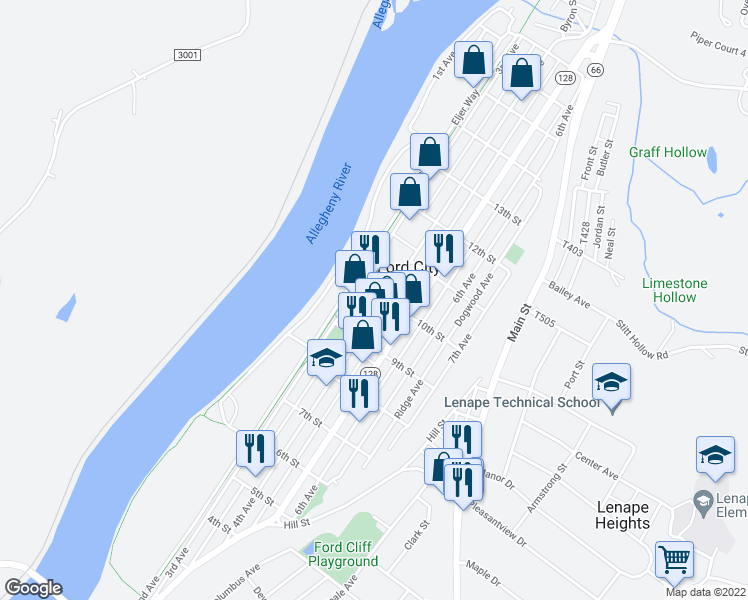 map of restaurants, bars, coffee shops, grocery stores, and more near 318 10th Street in Ford City