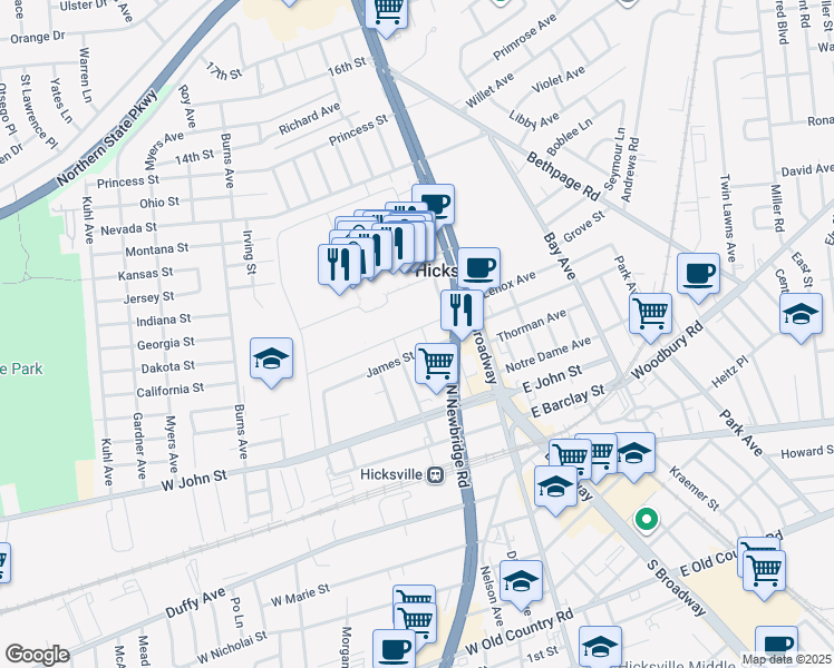 map of restaurants, bars, coffee shops, grocery stores, and more near 110 Sackett Street in Hicksville