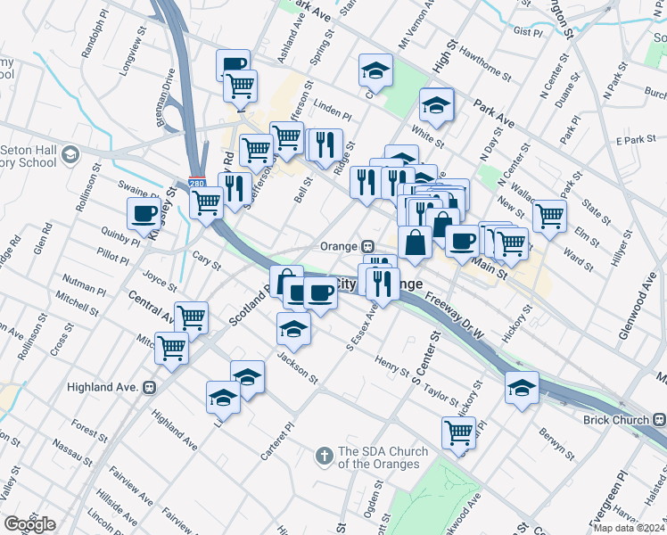 map of restaurants, bars, coffee shops, grocery stores, and more near in City of Orange