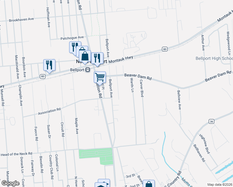 map of restaurants, bars, coffee shops, grocery stores, and more near 151 Bellport Avenue in Bellport