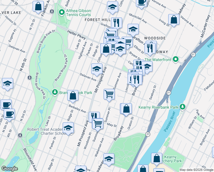 map of restaurants, bars, coffee shops, grocery stores, and more near 173 Delavan Avenue in Newark