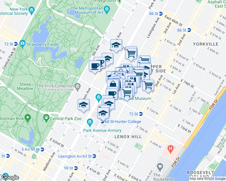 map of restaurants, bars, coffee shops, grocery stores, and more near 128 East 73rd Street in New York