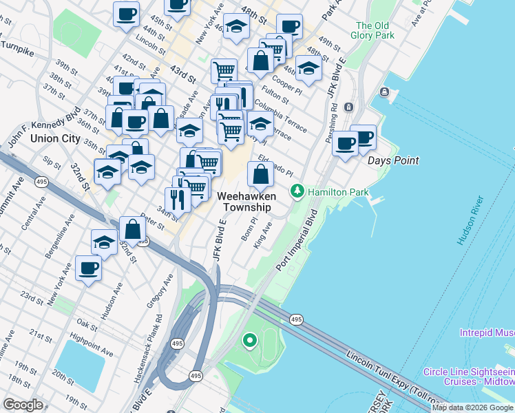 map of restaurants, bars, coffee shops, grocery stores, and more near 722 J F Kennedy Boulevard East in Weehawken