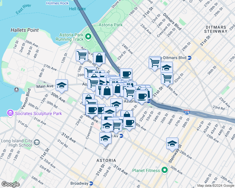 map of restaurants, bars, coffee shops, grocery stores, and more near 2525 Astoria Boulevard in Queens