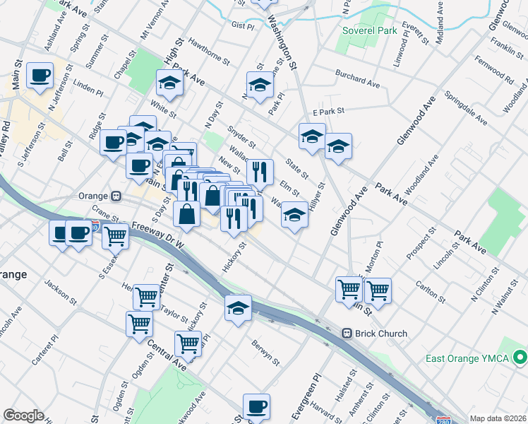 map of restaurants, bars, coffee shops, grocery stores, and more near 141 William Street in City of Orange