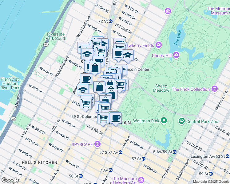 map of restaurants, bars, coffee shops, grocery stores, and more near 33 West 63rd Street in New York