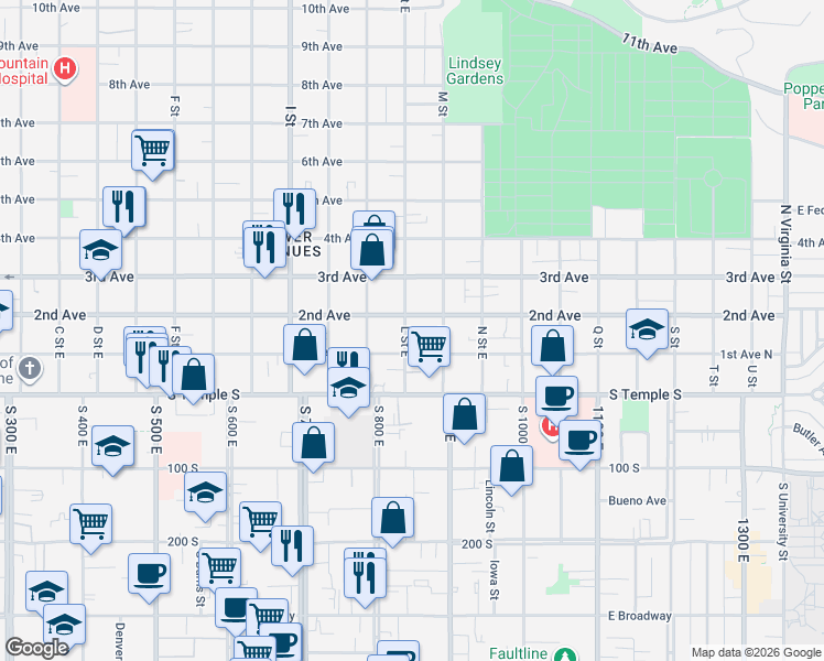 map of restaurants, bars, coffee shops, grocery stores, and more near 90 L Street East in Salt Lake City