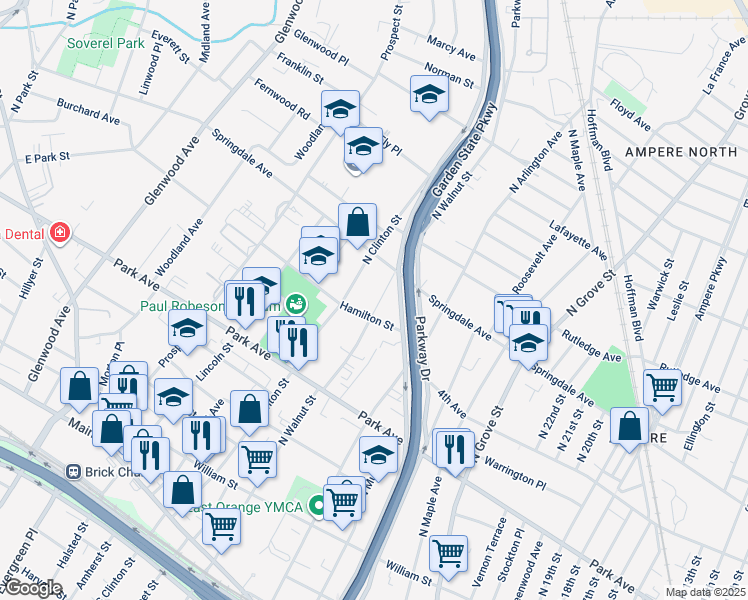 map of restaurants, bars, coffee shops, grocery stores, and more near 287 North Walnut Street in East Orange