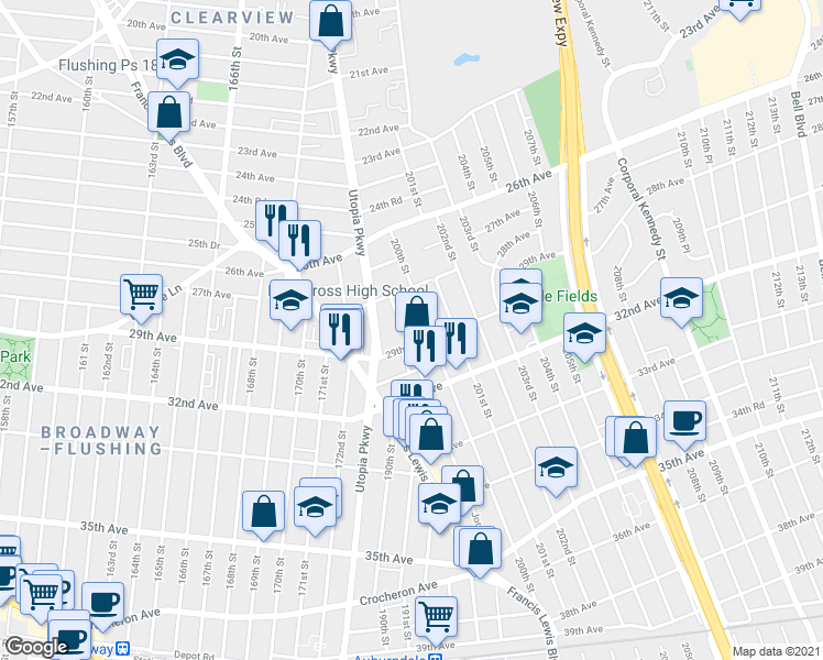 map of restaurants, bars, coffee shops, grocery stores, and more near 28-39 Jordan Street in Queens