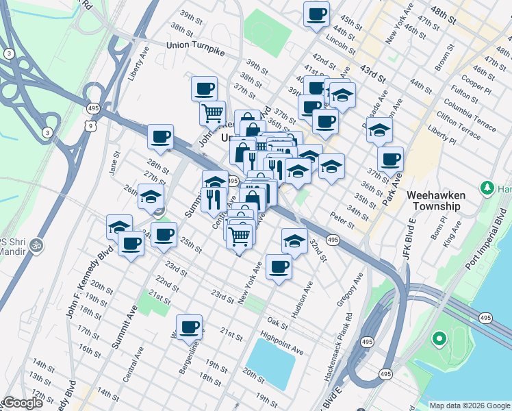 map of restaurants, bars, coffee shops, grocery stores, and more near 527 30th Street in Union City