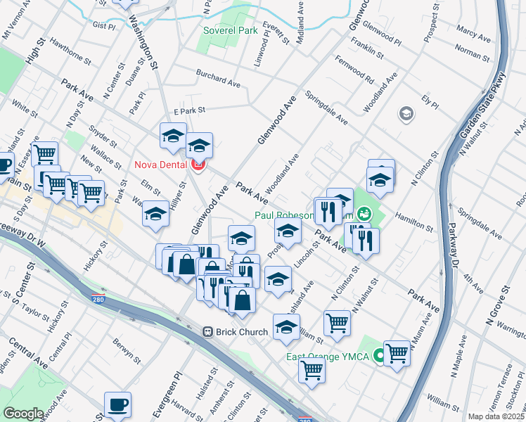 map of restaurants, bars, coffee shops, grocery stores, and more near in East Orange