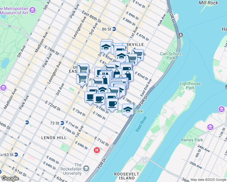 map of restaurants, bars, coffee shops, grocery stores, and more near 423 East 78th Street in New York