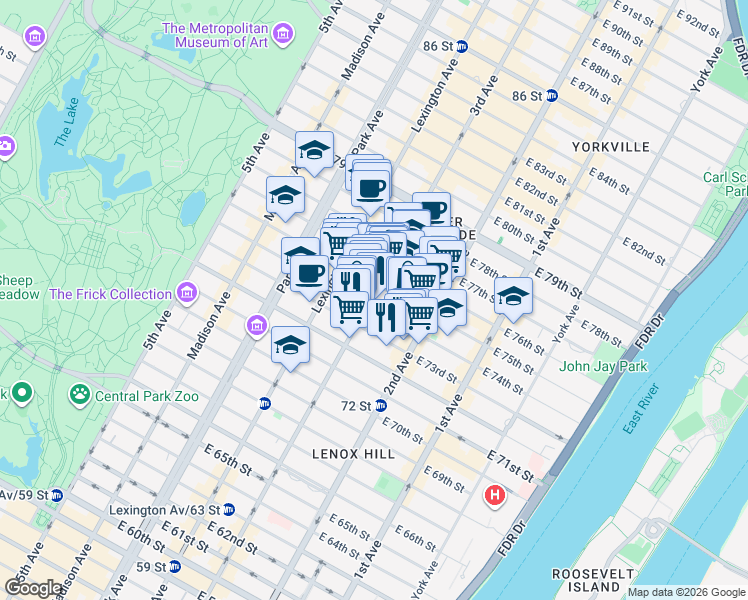 map of restaurants, bars, coffee shops, grocery stores, and more near 1297 3rd Avenue in New York