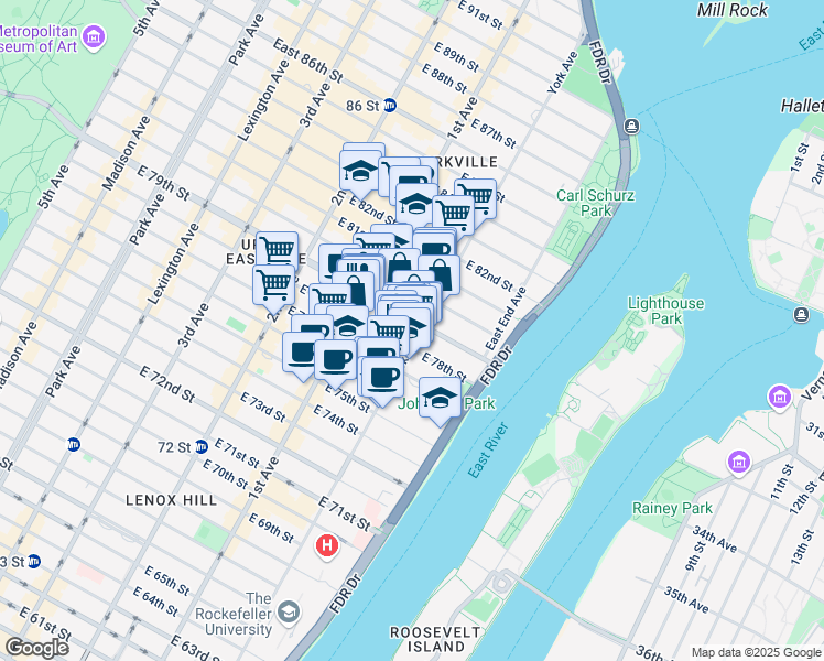 map of restaurants, bars, coffee shops, grocery stores, and more near 460 East 79th Street in New York