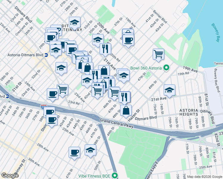 map of restaurants, bars, coffee shops, grocery stores, and more near 21-49 45th Street in Queens