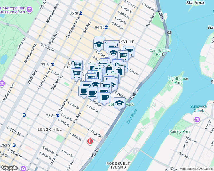 map of restaurants, bars, coffee shops, grocery stores, and more near 425 East 79th Street in New York