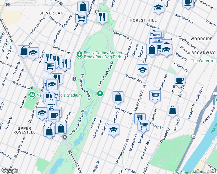 map of restaurants, bars, coffee shops, grocery stores, and more near 257 Ballantine Parkway in Newark