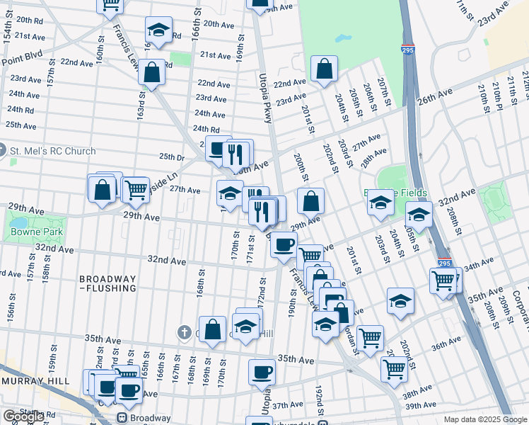 map of restaurants, bars, coffee shops, grocery stores, and more near 28-16 172nd Street in Queens