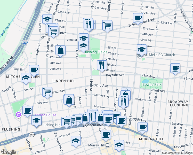 map of restaurants, bars, coffee shops, grocery stores, and more near 149-20 Bayside Avenue in Queens